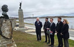 MLAs Lewis Clifton, Dean Dent, Jack Ford, Stacy Bragger and Cheryl Roberts at the Margaret Thatcher Bust in Stanley on the morning of the 10th of January 2026.
