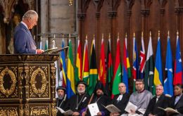 King Charles III, head of the Commonwealth addresses leaders during the ceremony at Westminster Abbey