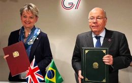 Foreign Secretary Yvette Cooper and Brazilian Foreign Minister Mauro Vieira with the Strategic Partnership documents